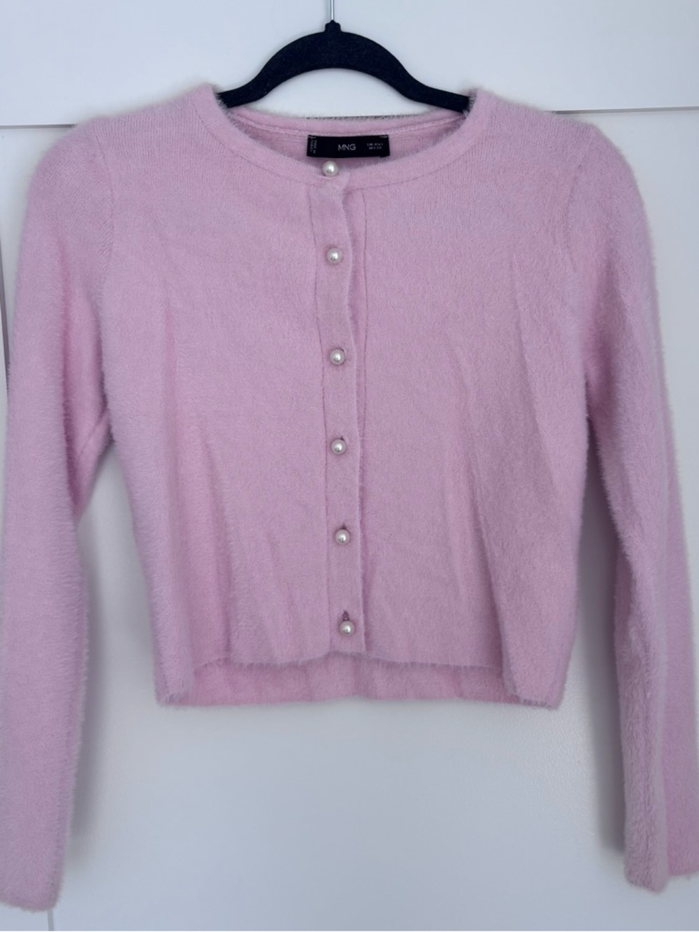 Mango Pale Pink Pearl-Button Cropped Cardigan